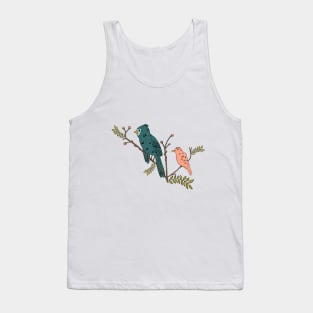 Blue and Salmon Birds perched on a budding tree in Spring Tank Top